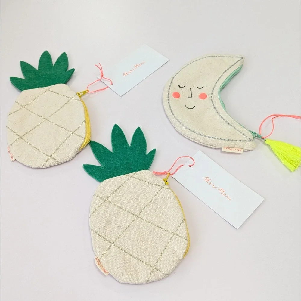 Meri Meri Coin Purse Lot Moon & Pineapple Shape Canvas Embroidered Zipper Pouch